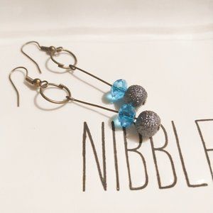 Handmande Drop Earrings - Blue glass, textured grey faux pearl